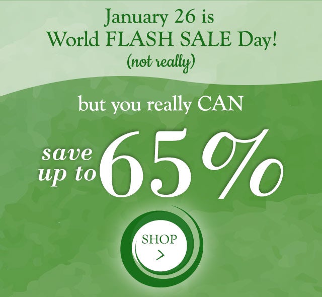 January 26 is World FLASH SALE Day!
(not really)
but you really CAN save up to 65% !!!!

SHOP NOW >
