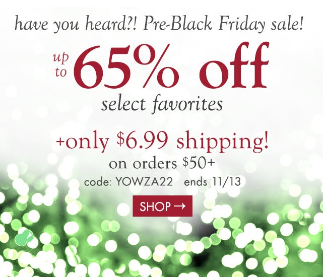 have you heard?! pre-Black Friday sale!  up to 65% off select favorites! + only $6.99 shipping! on $50+  code: YOWZA22 ends 11/13