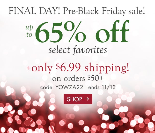 FINAL DAY! pre-Black Friday sale!  up to 65% off select favorites! + only $6.99 shipping! on $50+  code: YOWZA22 ends 11/13