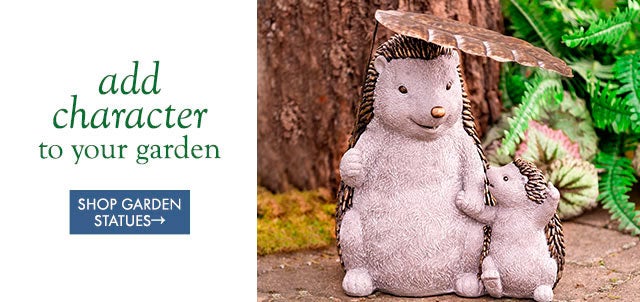 image of Father and Son Hedgehogs Resin Garden Sculpture with Metal Leaf.  add character to your garden! SHOP GARDEN STATUES