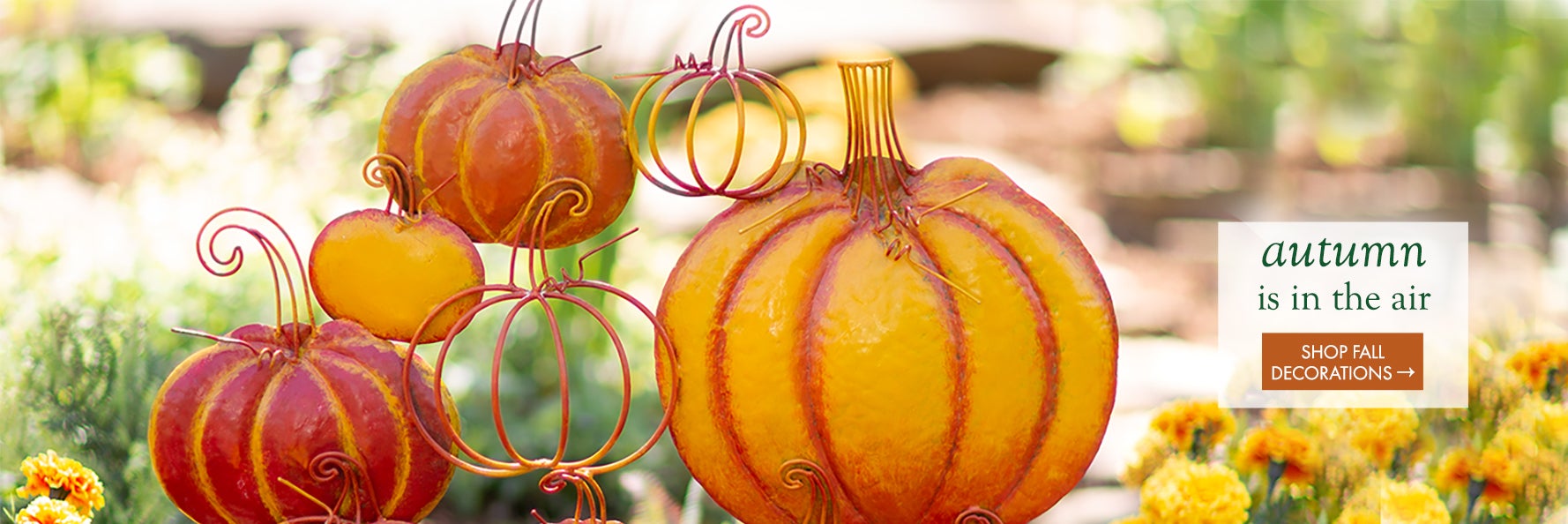 Image of Multi-Pumpkin Metal Garden Stake. autumn is in the air. SHOP FALL DECORATIONS
