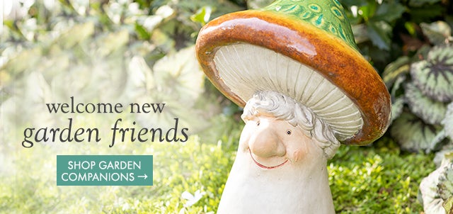 Image of Mushroom Man. welcome new garden friends. SHOP GARDEN COMPANIONS