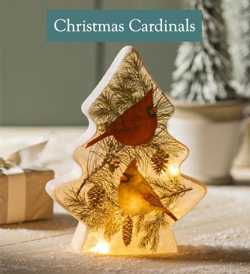 A tree-shaped accent light with snowy cardinals. Shop Christmas Cardinals.