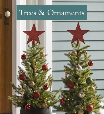 A pair of mini faux fir trees decorated with stars and ornaments sit in outdoor planters