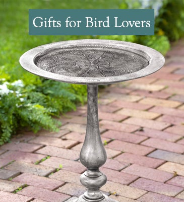 An etched aluminum bird bath on a patio. Shop Gifts for Bird Lovers