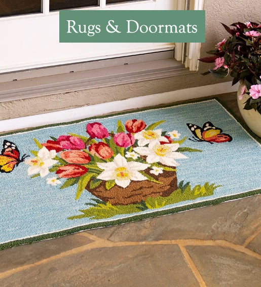 Image of Spring Florals and Butterflies in front of door. Rugs & Doormats