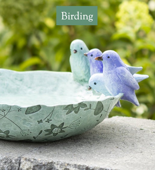Image of Bluebird Friends Glazed Resin and Stone Birdbath. Outdoor Wall Decor