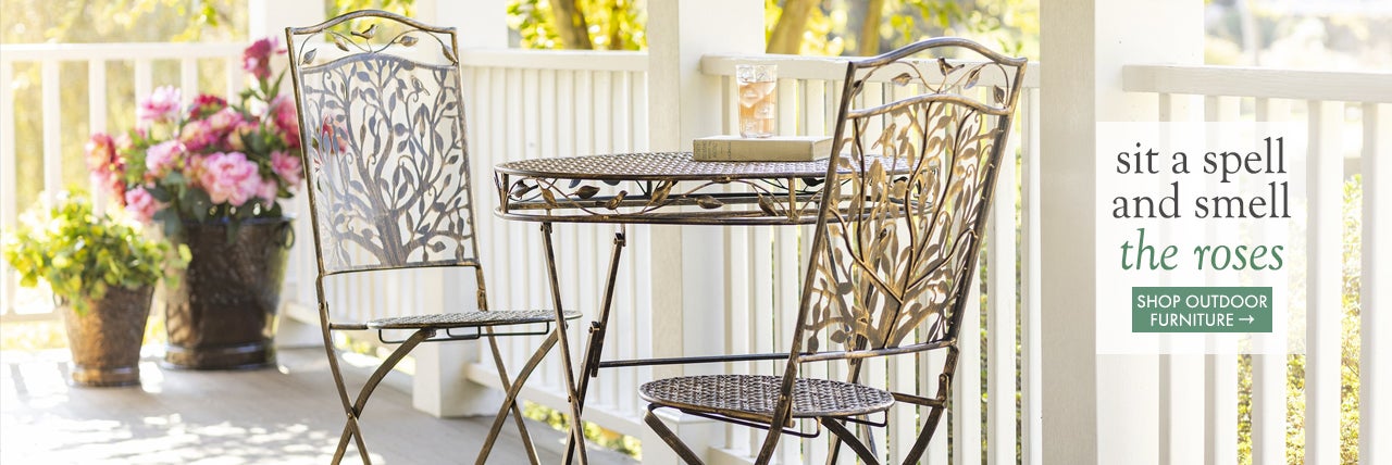 Image of Tree of Life Iron Bistro Set on porch - sit a spell and smell the resoses SHOP OUTDOOR FURNITURE