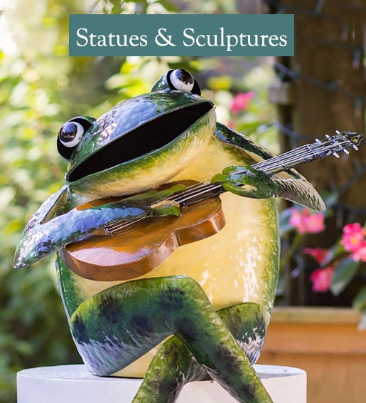 Image of Large Metal Frog Musician Garden Sculpture on stool in patio. Statues and Sculptures