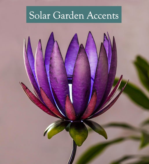 Image of Metal Lighted Purple and Pink Solar Flower Garden Stake. Solar Garden Accents