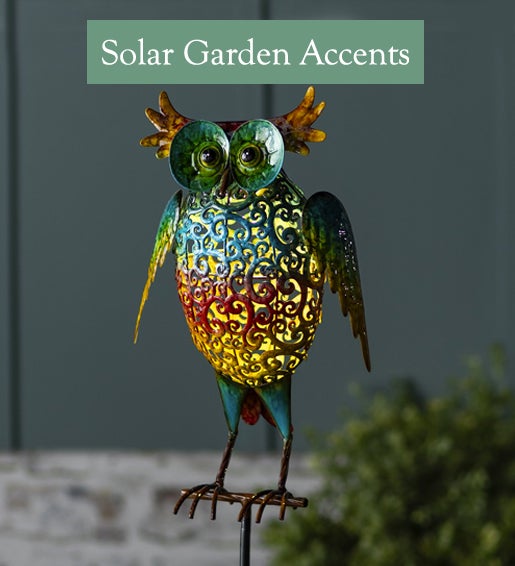 Image of Colorful Metal Solar Owl Garden Stake. Solar Accents