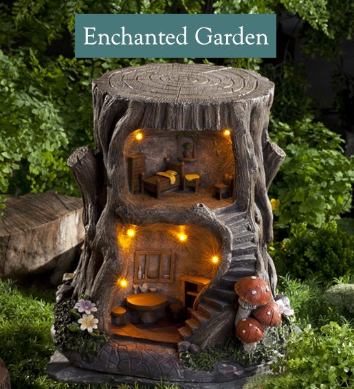 Image of Two-Story Fully-Furnished Solar Lighted Fairy House in a Stump. Enchanted Garden