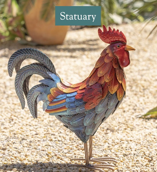 Image of Colorful Iron Rooster Garden Statue. STATUARY