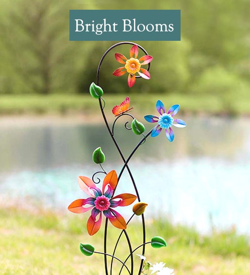 Image of Colorful Garden Trellis with Three Spinning Flowers BRIGHT BLOOMS