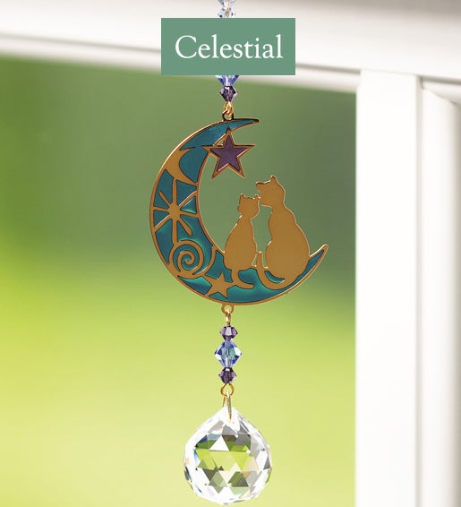 Image of Cats on Crescent Moon Suncatcher with Crystals. Celestial