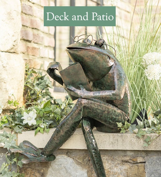 Image of Reading Frog Metal Yard Sculpture. Deck and Patio