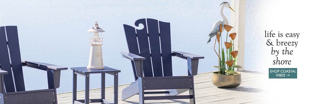 Image of polywood rocking chair and side table. life is easy and breezy by the shore.  SHOP COASTAL VIBES