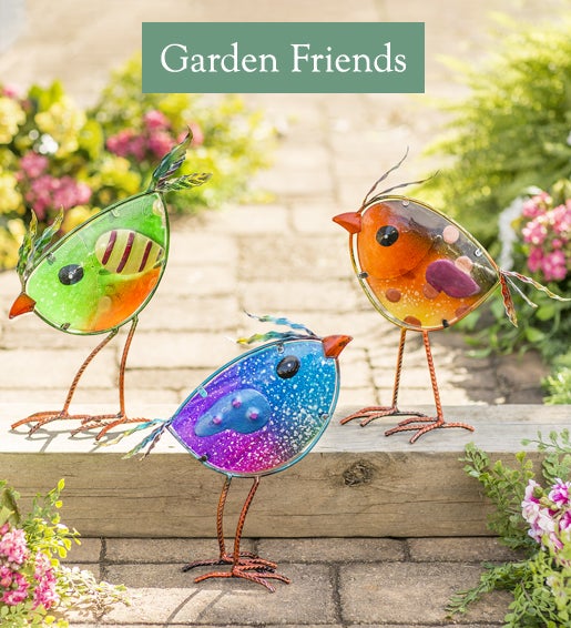 Image of set of 3 glass birds. Garden Friends