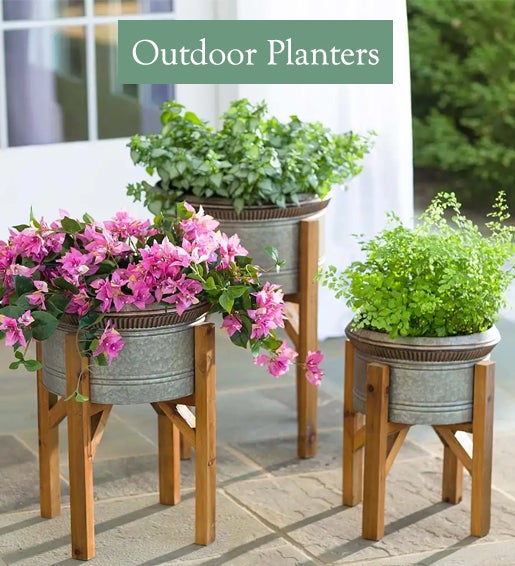 Image of Galvanized Metal Planters with Wooden Stands, Set of 3. Outdoor Planters