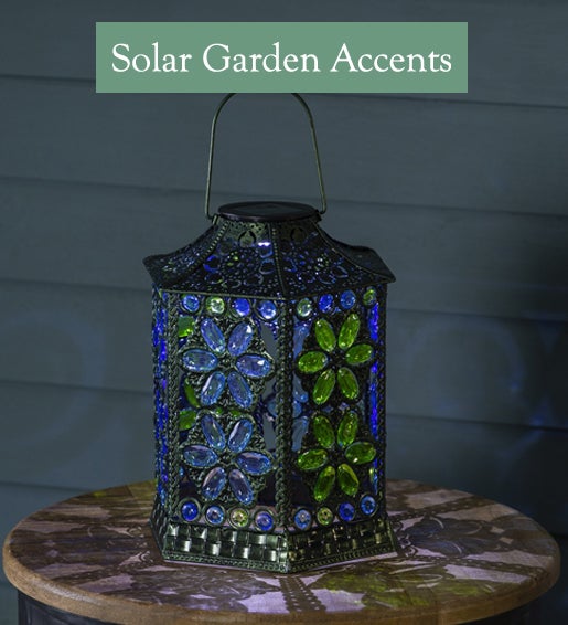 Image of Blue and Green Jeweled Solar Lantern. Solar Garden Accents