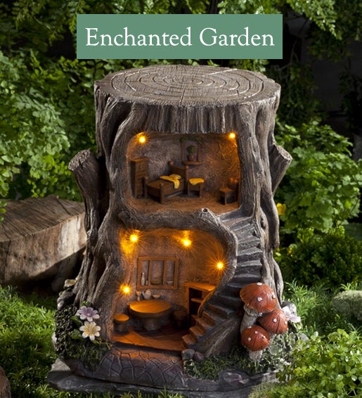 Image of Two-Story Fully-Furnished Solar Lighted Fairy House in a Stump. Enchanted Garden