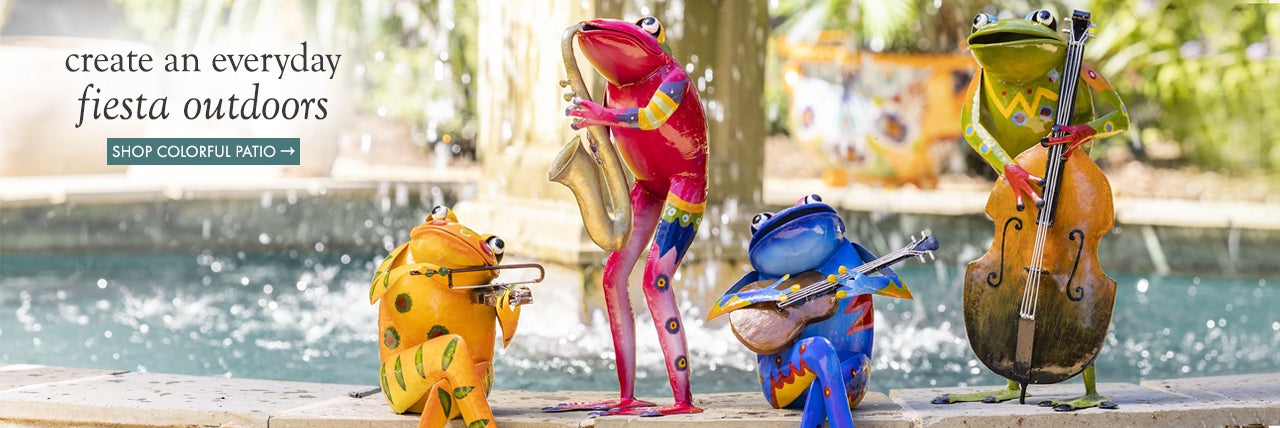 image of Metal Frog Musicians, Set of 4. create an everyday fiesta outdoors  SHOP COLORFUL PATIO